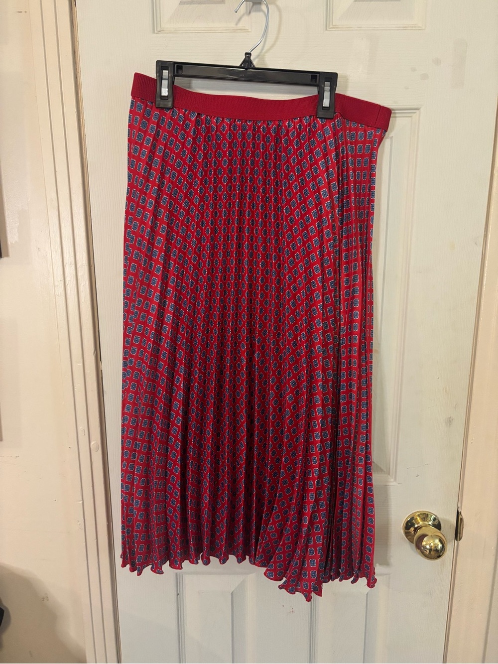Max Studio Red and Blue Geometric Pleated Midi Skirt